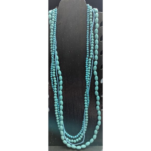 34" Multi 4 STrand Layered Faux Turquoise Beads Statement Necklace Long Extender - Picture 1 of 5